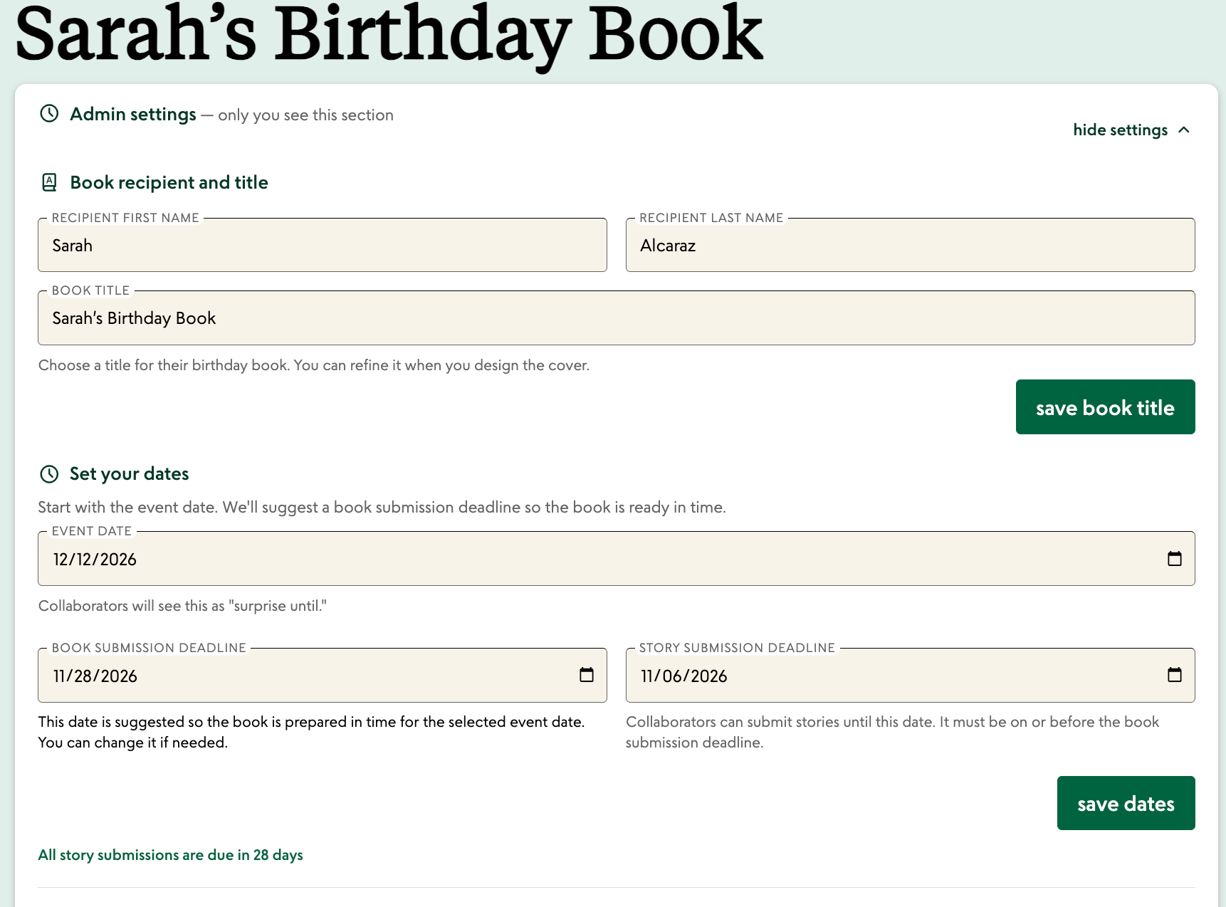 The date settings in the organizer portal