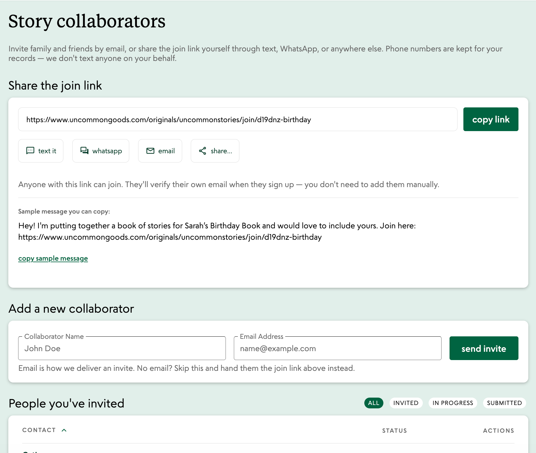 The invite management screen in the organizer portal