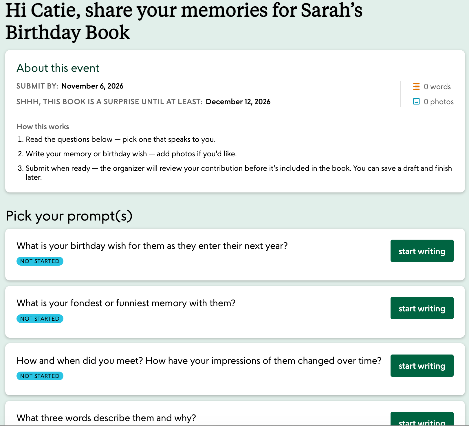 The collaborator dashboard with story prompts