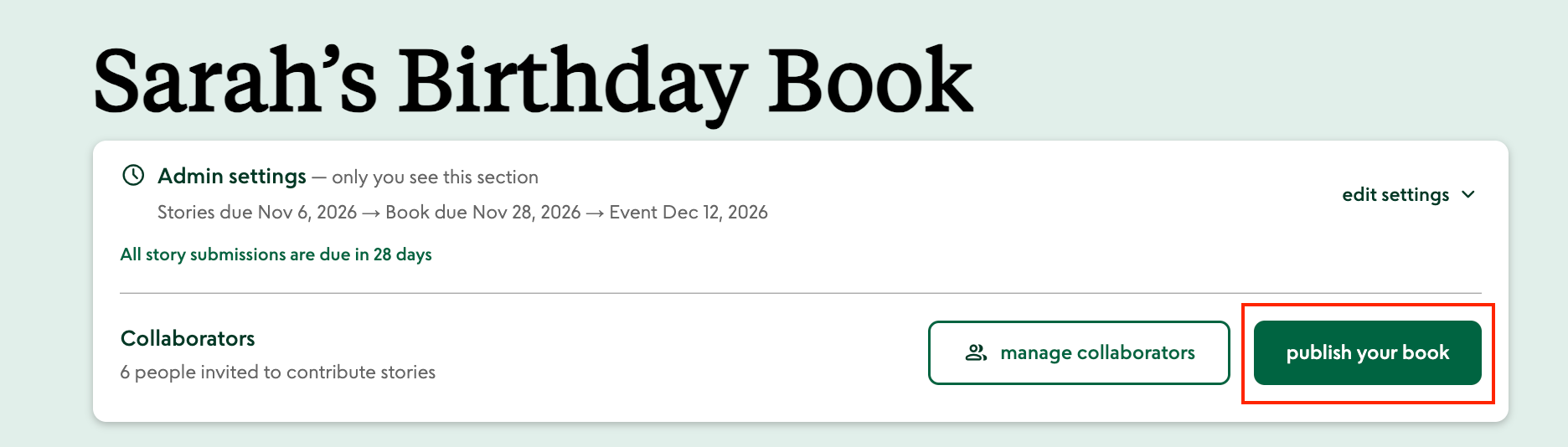 The Publish your book button on the organizer dashboard