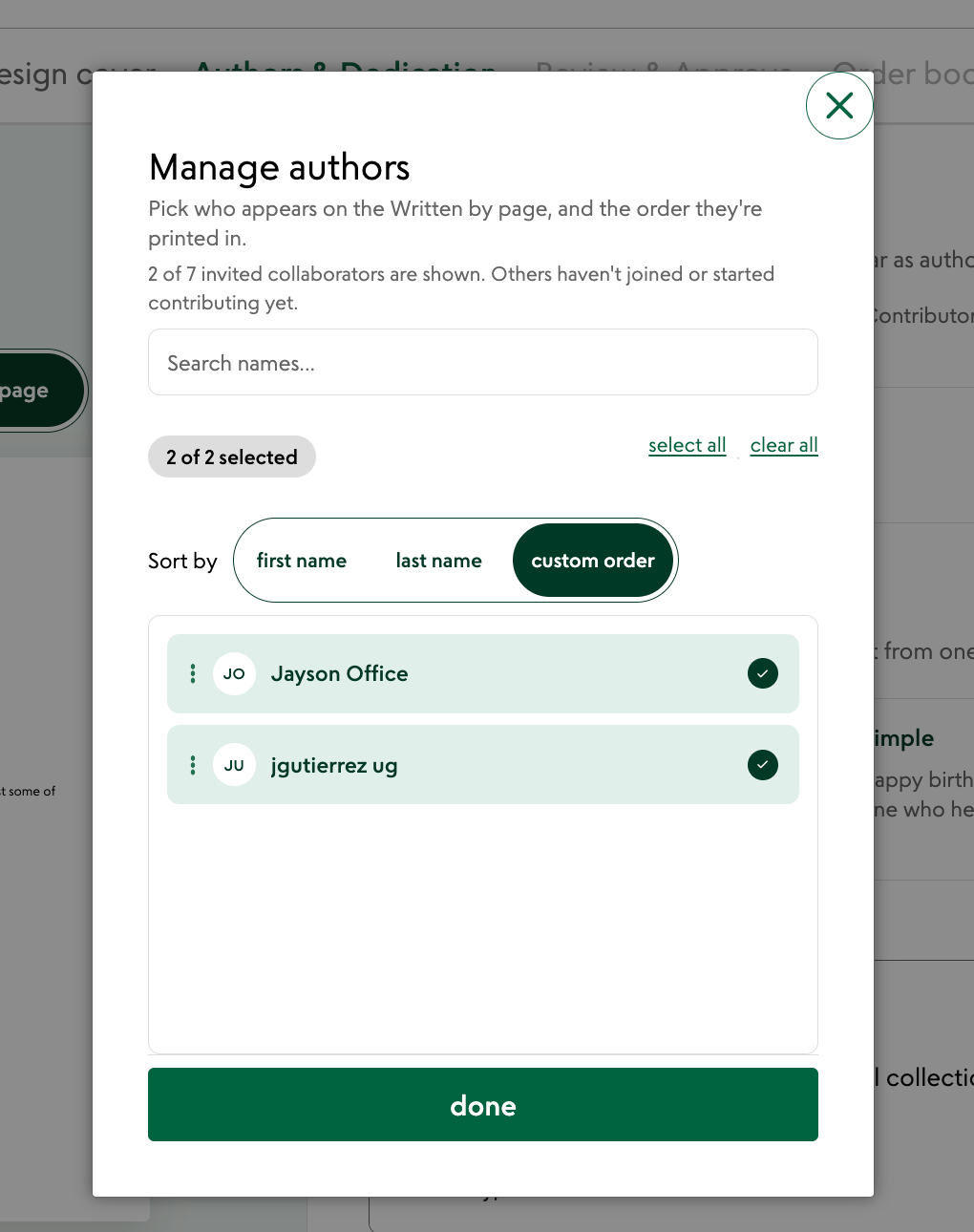 The Manage authors window